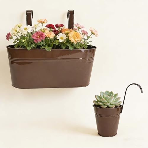 4 Pack Mixed Size Metal Fence Planters Set with Detachable Hooks, Chocolate - Image 6