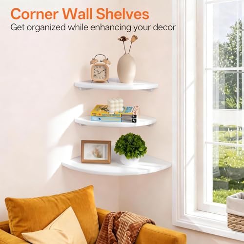 White Corner Wall Shelf 10inch Solid Oak Wood Floating Corner Shelf with Wire Hole Corner Wall Storage Display Shelves for Living Room Bedroom Bathroom Kitchen - Image 3