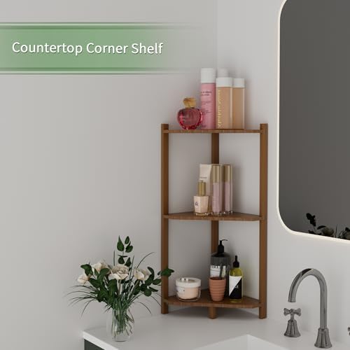Wisuce Bamboo Small Corner Shelf Stand, 3-Tier Brown Corner Bookshelf - Image 3