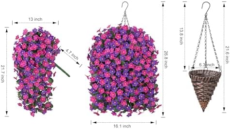 Artificial Fake Hanging Flowers with Basket for Outdoor Decoration,UV Resistant Faux Silk Daisy Flowers Dark Purple and Fuchsia Orchid Vines in Planter Realistic Hanging Baskets for Home Porch Garden - Image 3