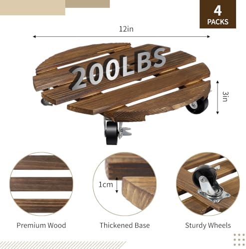 4 Pack Plant Stand with Wheels, 12" Wooden Rolling Planter Plant - Image 3