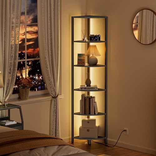 Furnulem 6 Tier Corner Shelf with LED Light, 67.5" Black Narrow Bookshelf - Image 3