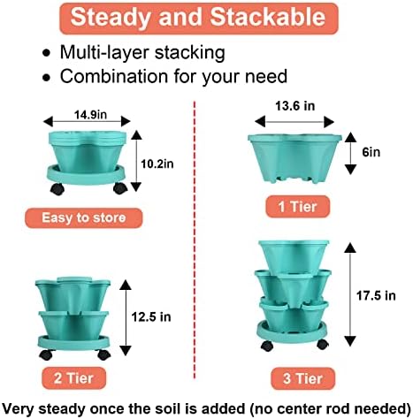 GameXcel Vertical Planter Tower - 3 Tier Stackable Garden Planters with Wheels and Tools Plant Pots for Strawberry Herb Flower and Vegetable Indoor Outdoor Use Teal 2 Pack - Image 7