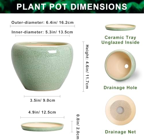 Ceramic Plant Pots 6 Inch, Ceramic Planter with Drainage, Green - Image 2