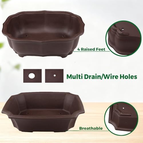 MUZHI 2 Pack 8" Unglazed Ceramic Bonsai Tree Pot Training Planter with Drainage Wiring Hole, Breathable Handmade Zisha Pottery Growing Plant Pot with Mesh Drip Tray Indoor Outdoor - Image 3