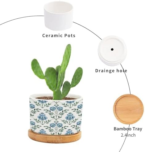 Mughal Flower in Ceramic Planter Blue Floral Planters for Indoor Plants with Drainage Holes and Saucers Pot for Home Office Decoration - Image 3