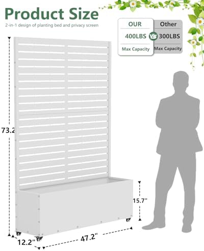 Metal Planter Box with Trellis,70.9"x47.2"x15.7" Raised Garden Bed with Drainage Holes, Privacy Planters for Outdoor Garden Bed for Climbing Plants,Vegetables,and Vines, White-louvered - Image 2