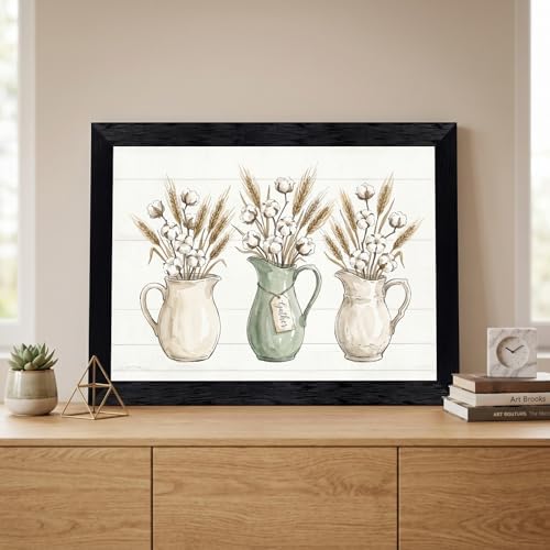Framed Canvas Wall Art Vintage Watercolor Pitchers Cotton and Wheat Sage Green Gather Script Canvas Print Poster Black Frame Wall Decor for Farmhouse Dining Room Kitchen, Rustic Decor - Inch 24x36 - Image 6