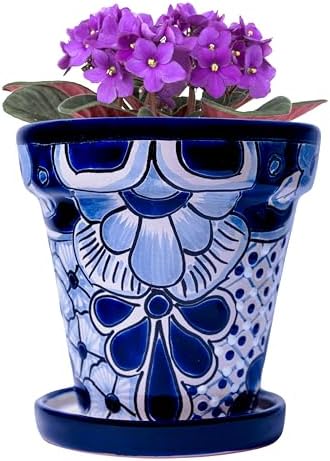 Talavera Planter - Mexican Ceramic Pot with Drainage (White & Blue-Medium) by COBAZUL