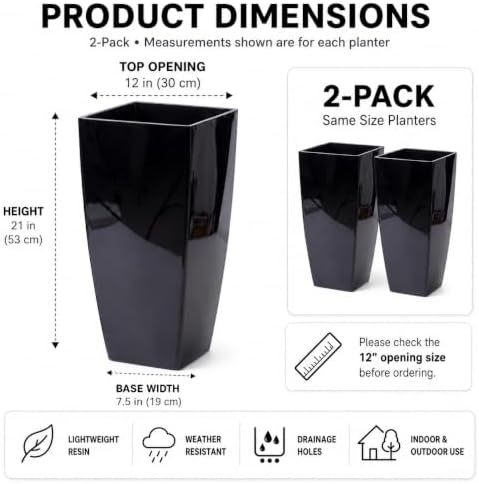 21" Tall Square Planters 2 Pack, Resin Pots Indoor Outdoor, Black - Image 4