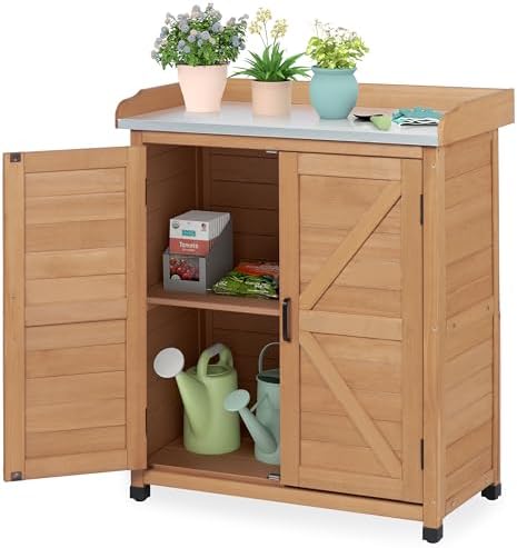 Outdoor Storage Cabinet & Potting Bench Table with Metal Top, Wooden Patio Furniture, Garden Workstation (Light Brwon, 39x31.5x17in) by OutdoorFurniture