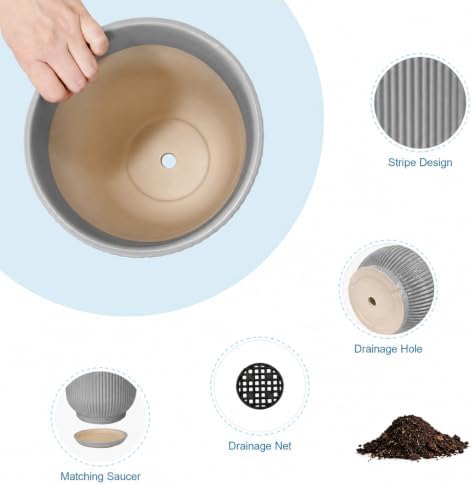 Deep Dream 12 Inch Ceramic Pots for Plants, Heavy Plant Pot for Indoor Outdoor Plants, Large Plant Pot with Drainage Hole and Saucer, Modern Tall Flower Pot, Gifts for Plant Lovers, Grey - Image 5