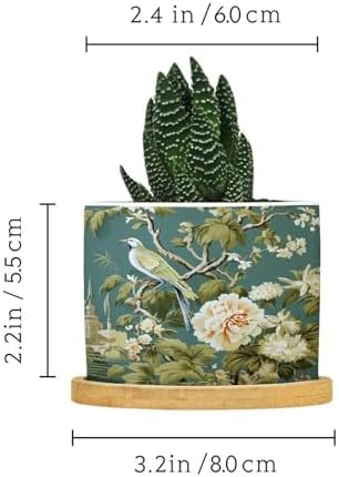 Garden Planter Ceramic Green Chinoiserie Floral Bird Round Flower Pot with Drainage Holes and Bamboo Tray Pot for Home Office Decoration - Image 2