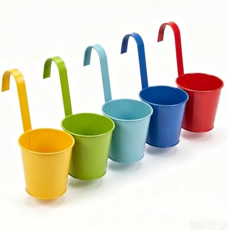 Hanging Metal Flower Planters 5-Pack, Railing Bucket with Hooks by GuanYang