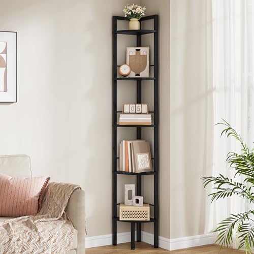 Tajsoon Small Corner Shelf Stand 5 Tier 60.5" with Metal Frame, Black by Tajsoon