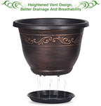 Plastic-Plant-Flower-Planters-12 Inch with Drainage Hole & Saucer, 3 Packs Lightweight Small Resin Flower Pot Indoor Outdoor, Retro Antique Imitation Decorative Garden Containers Sets for Houseplants - Image 4