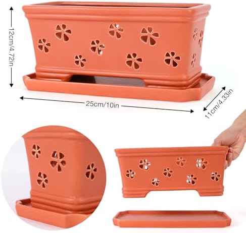 Rectangle Ceramic Orchid Pot 10In Orchid Pots with Holes for Premium Ceramic Orchid Planter for Indoor and Outdoor Use Drainage & Air Circulation Red Orchid Planter for Repotting or New Plants - Image 2