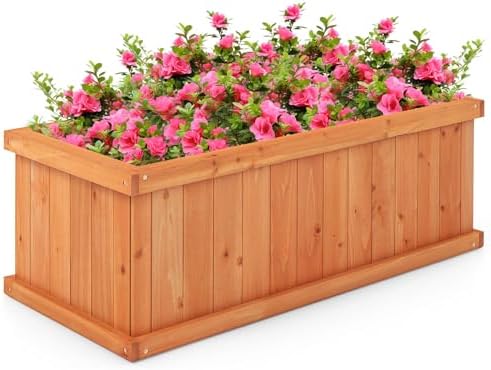 GIANTEX Raised Garden Bed, 31”x14”x12” Wooden Planter Box with 4 Drainage Holes & Detachable Bottom Panels, Elevated Flower Bed, Rectangular Plant Container for Vegetables, Herbs & Fruits, Orange by Giantex