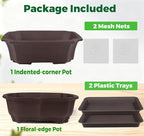 MUZHI 2 Pack 8" Unglazed Ceramic Bonsai Tree Pot Training Planter with Drainage Wiring Hole, Breathable Handmade Zisha Pottery Growing Plant Pot with Mesh Drip Tray Indoor Outdoor - Image 4
