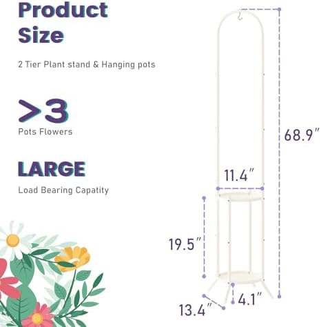 Metal Plant Stand 2-Tier with Hanging Hook, Indoor Outdoor Plant Shelf for Multiple Plants,Heavy Duty Steel (Cream) - Image 6