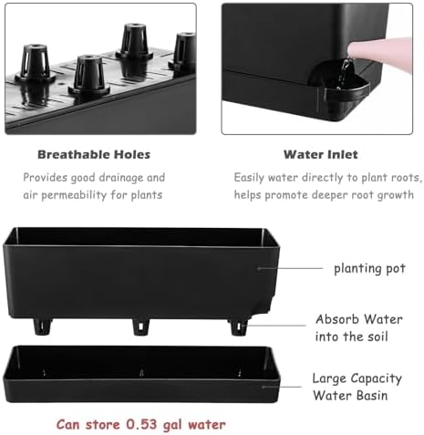 Self Watering Pots for Indoor Plants 17 Inches Window Boxes Planters Rectangular Flower Pots Rectangle Herb Pots Large Plant Pots with Drainage Holes and Saucers Windowsill Planter (2, Black) - Image 3