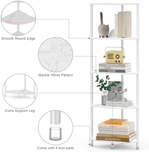 5 Tier Corner Shelf Stand, 44.1", Marble White - Image 4