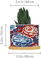 Red and Blue Chinoiserie Floral Planters Ceramic Chinoiserie Chic Asian Round Plant Pot with Drainage Holes and Bamboo Tray Pot for Pots Outdoor Indoor Plants - Image 2