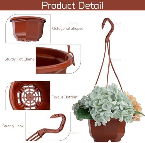 AUEAR, 50 Pack Plastic Hanging Plant Pots Containers Outdoor Indoor Planters with Drainage Holes Hooks Brown - Image 3