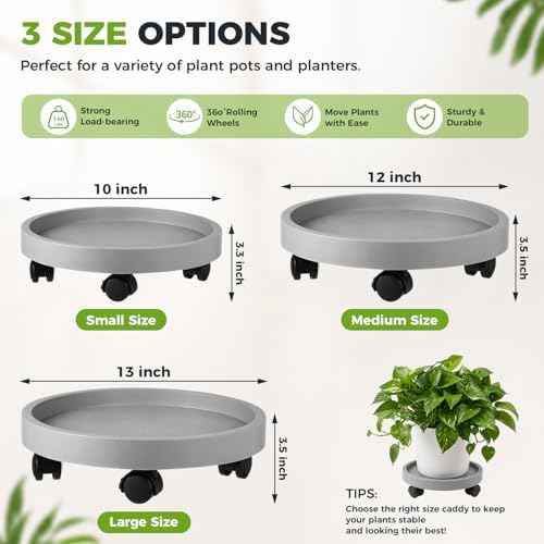 4 Packs Plant Caddy with Wheels 12" Plant Stand Potted Plant Mover Heavy Duty Plant Dolly with Casters for Indoor and Outdoor Large Plant Roller Base Rolling Plant Dolly, Grey - Image 2