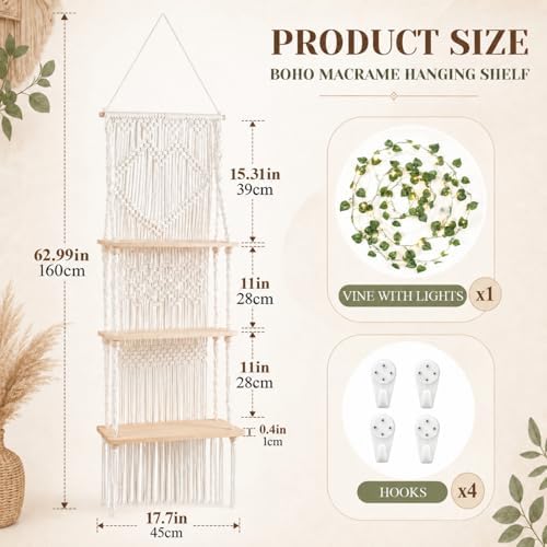 Boho Macrame Wall Plant Hanger Shelf, 3-Tier Hanging Display Shelves with LED String Lights, Wooden Floating Organizer Natural Cotton Rope for Indoor Plants Living Room Bedroom Balcony - Image 2
