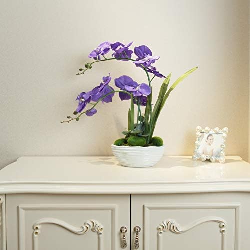 Large Silk Potted Orchid Arrangement in Oval Ribbed Ceramic Pot, Purple - Image 3