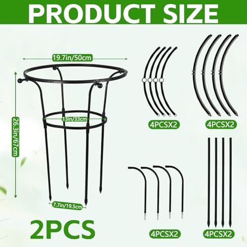 2 Pack Large Peony Cages and Supports, 26" H x 20" D Grow Through Plant Support Rings, Sturdy Garden Trellis, Plastic Rings with Stainless Steel Core Stakes for Peonies, Roses & Top-Heavy Blooms - Image 2