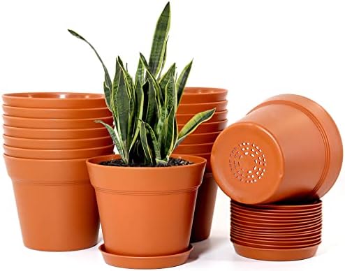 WOUSIWER 16 Pack 6 inch Plastic Planters, Plastic Indoor Planter Flower Pots, Heavy Duty and Stylish 6 Inch Plant Pots for Indoor Plants with Drainage Holes and Tray for Plants, Flowers, Terracotta by Wousiwer