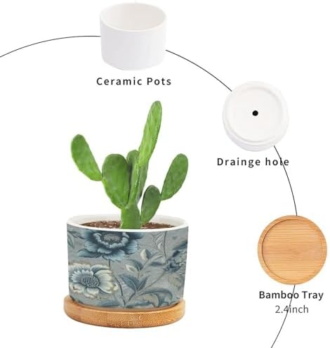 On Flax Blue Chinoiserie Ceramic Planter Blue Grey Asian Flower Pots for Plants with Drainage Holes and Saucers Pot for Outdoor Garden Home Plant - Image 3