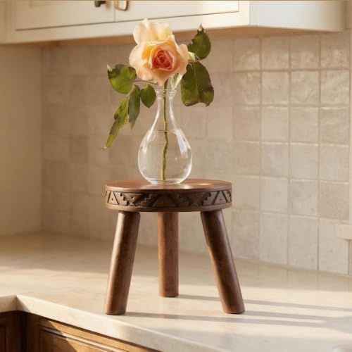 Small Plant Stand Indoor, Boho Wooden Stool for Living Room, 8x8 inch, Dark Color by POTTHING