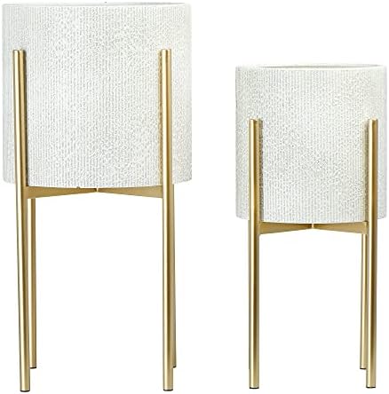 Main + Mesa Modern Boho Embossed Metal Planters with Stands, White and Gold, Set of 2 Sizes by MainMesa