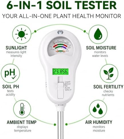 Soil Test Kit, 6-in-1 Soil Moisture Meter, PH/Sunlight/Soil Moisture/Fertility Monitor Indicator Sensor with 4 Removable Probe, Soil Tester for Garden, Lawn, Indoor and Outdoor Plants - Image 2