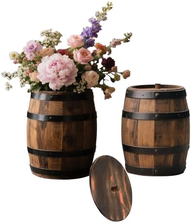 2 Pcs Wood Wine Barrel Vase 6" x 5" – Rustic Wooden Flower Vase Planter for Wedding Reception, Home Indoor Outdoor Garden, Kitchen, Party Table Decoration by Unknown