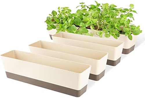 SUREAM Window Box Planter, 4 Pack 12x3.8 Inch/16x3.8 Inch Modern Succulent Pots, Plastic Rectangle Planters Containers with Saucer for Windowsill, Garden Balcony, Porch, Indoor Outdoor Decoration by Suream