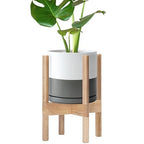 D'vine Dev Ceramic Pot with Natural Wood Stand, White/Grey, 8 in, 55-B-N-6 by DvineDevPlanterPotsandStand