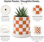 Checkered Ceramic Planter Pot with Drainage Hole and Saucer, Black and White Planters Decor,Indoor Cylinder Round Planter Pot (Yellow, Medium) - Image 4