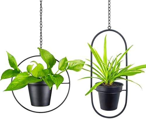 Modern Metal Hanging Planters Set of 2 - Round and Oval Geometric Plant Hangers with 5 Inch Pots - Black Wall and Ceiling Mount Flower Holders for Indoor and Covered Outdoor Décor by HemePaha