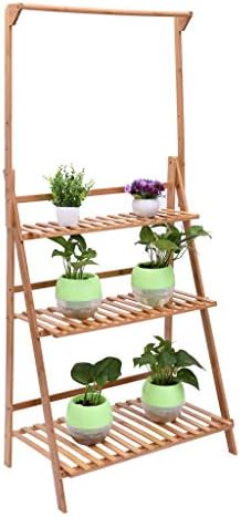 Naano 【USA RAPID 3 Tier Foldable Hanging Plant Stand Bamboo Planter Shelves Flower Pot Organizer Storage Rack Folding Display Shelving Plants Shelf Unit Holder Indoor Outdoor Garden (Wood color) - Image 5
