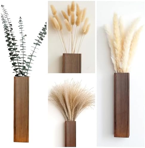 Wall Vase Set of 4 – Wooden Hanging Vases with Pampas Grass & Eucalyptus Dried Flowers – Modern Farmhouse Home Decor for Living Room, Entryway, Bathroom, Hallway & Dining Room - Image 4