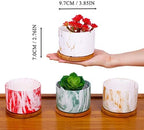 4 pcs 4 Inches Ceramic Marbleizing Style Succulent Planters with Bamboo Trays (Colorful) - Image 3