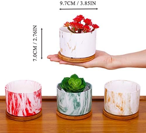 4 pcs 4 Inches Ceramic Marbleizing Style Succulent Planters with Bamboo Trays (Colorful) - Image 3