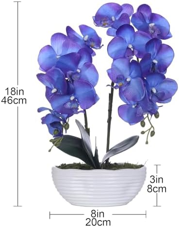 Large Artificial Orchid Arrangement in Oval Ribbed Ceramic Pot, Purple Blue - Image 6