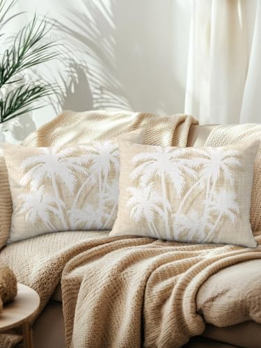 Tropical Palm Tree 12x20 Waterproof Outdoor Lumbar Pillows Set of 2 with Inserts, Vintage Beige Exotic Botanical Plants Patio Decorative Cushion Pillows for Outdoor Sofa Bench Porch Balcony - Image 2