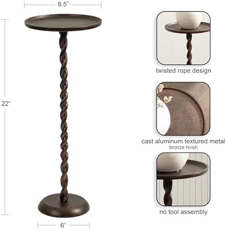 Kate and Laurel Ropa Transitional Round Pedestal Drink Table, 9 x 9 x 22, Bronze, Decorative Cast Aluminum Mini Table with Spiral Rope Design for Use as Indoor Plant Stand or Living Room Accent - Image 3