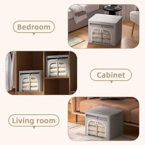 FHSQX 6 Pack Foldable Storage Bins for Clothes Clothes Storage Bins with Metal Frame Stackable Storage Box with Lid (Light Grey, 19.7x15.7x13.8 inch (70L)) - Image 5